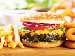 Hamburger With Fries And Onion Rings