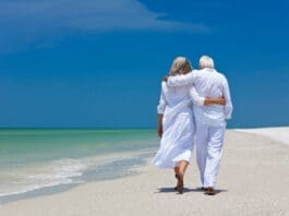 Rear View Of Senior Couple Walking On Beach