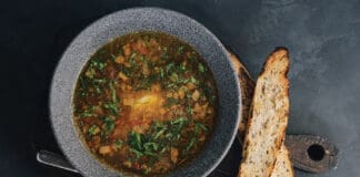 Onion Soup With Roasted Bread Top View