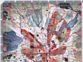 Escape To Create Fl.orl, 2024, Acrylic, Pencil & Pen On Printed Paper Map, 8.25 X 6.75