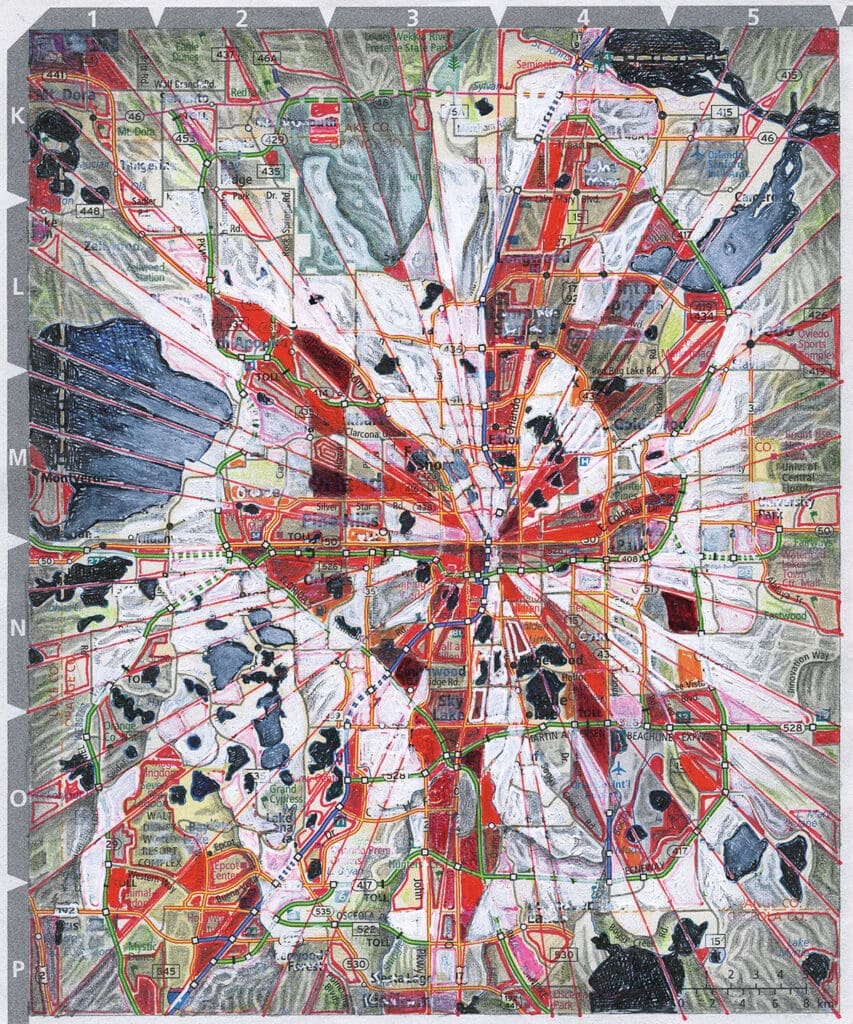 Escape To Create Fl.orl, 2024, Acrylic, Pencil & Pen On Printed Paper Map, 8.25 X 6.75