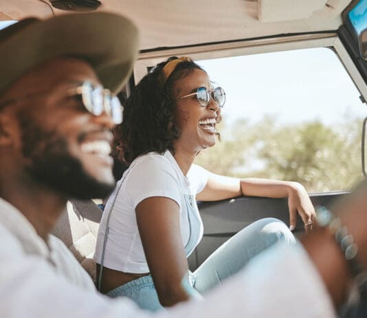 Travel, Road Trip And Black People Couple Driving By Countryside For Holiday, Journey And Freedom With Happiness. Trendy Sunglasses, Fashion And Gen Z Friends In A Car Drive For Vacation Lifestyle